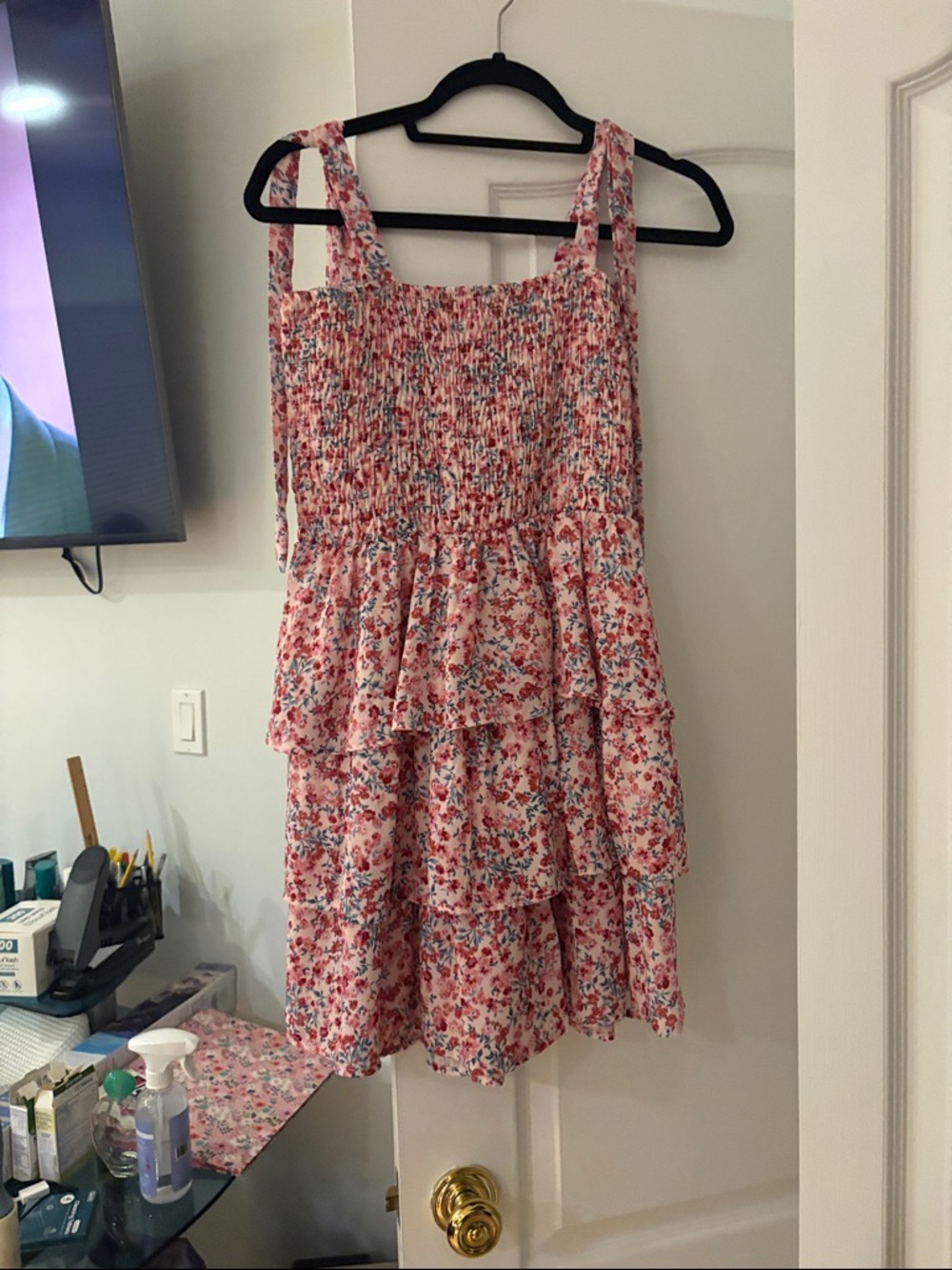 Floral Smocked Tiered Mini Dress in Pink